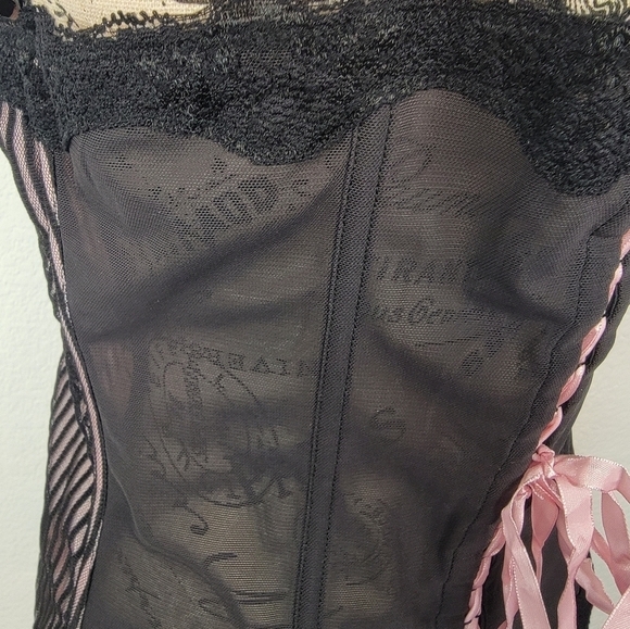 Cacique Sensual Corset Top 14/16 Pink Black Lace Up Boning Lace Overlaid - Picture 5 of 9
